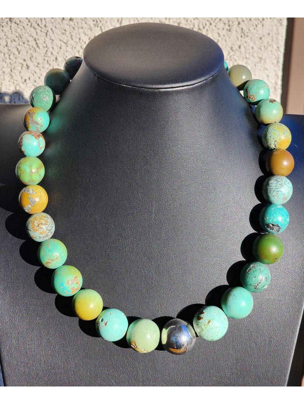 Hubei Turquoise Necklace w Large Blue, Green, Mustard & Silver Beads 170g, 21"